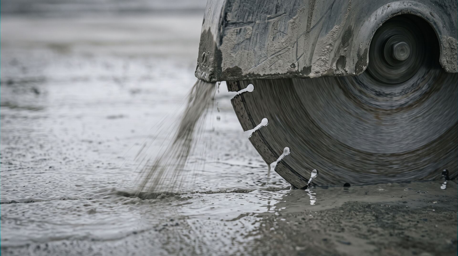 Close view of a diamond blade cutting wet concrete, water and grey slurry throwing off the blade