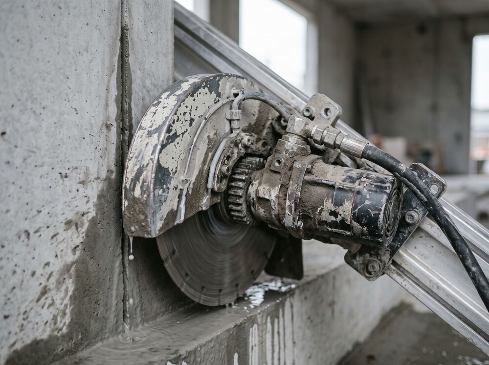 Close view of a track-mounted wall saw, its diamond blade part way through a cut in a concrete wall
