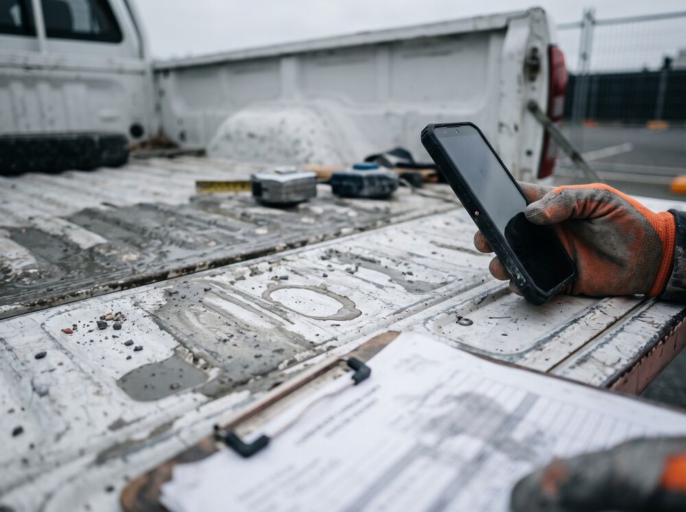 A gloved hand holding a site phone on the tailgate of a dusty work ute, a paper job docket lying beside it
