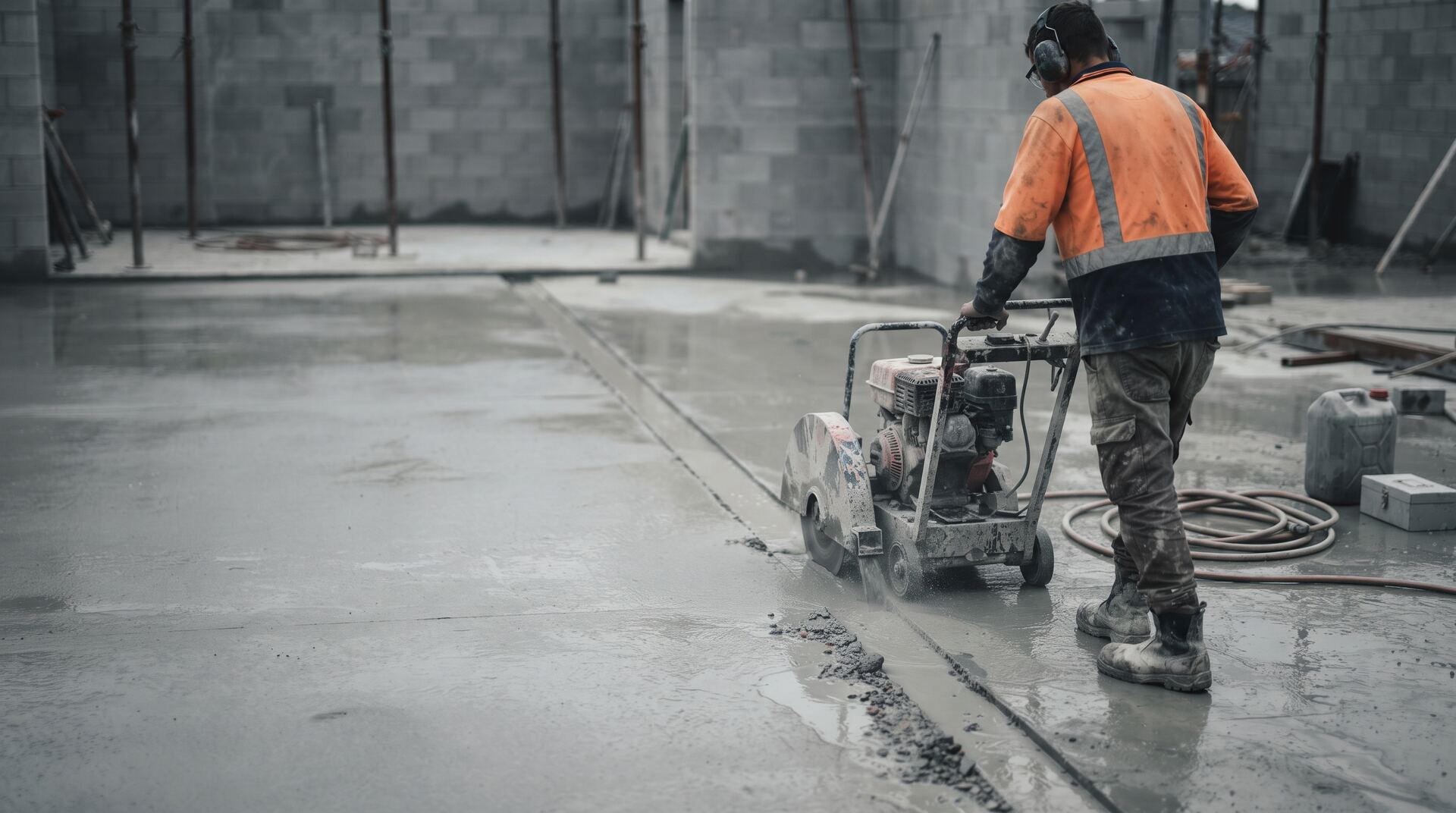 A concrete cutter running a walk-behind floor saw across a wet slab on a New Zealand commercial site